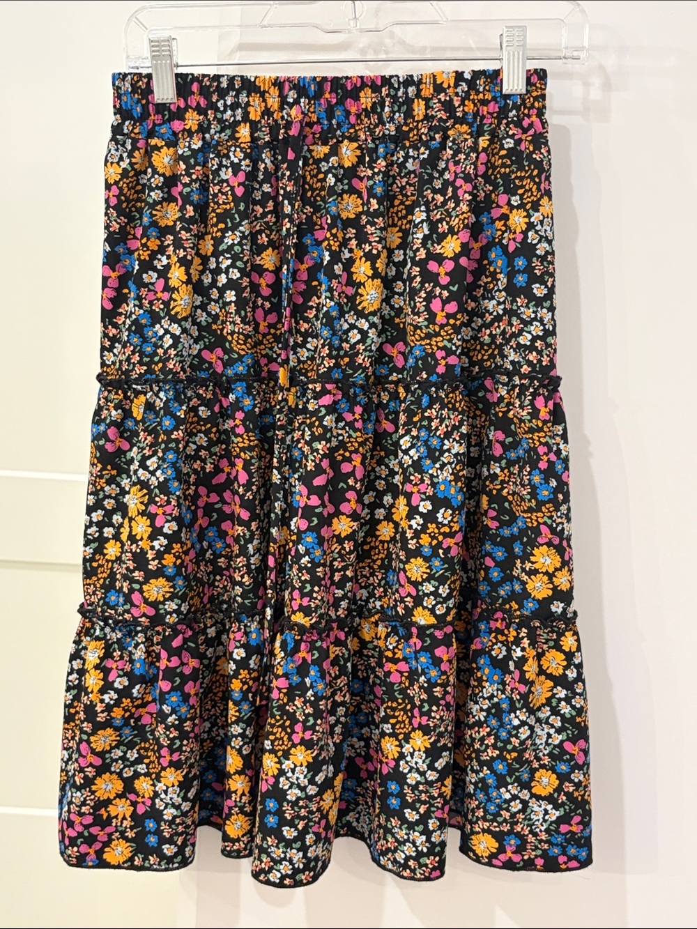 Black Floral Tiered Midi Skirt with Pink Blue Yellow flowers